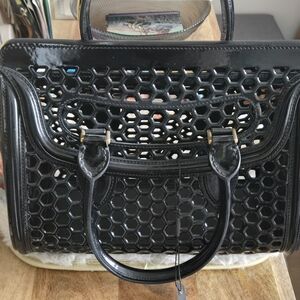 Black Patent Hex-Pattern Satchel with Top Handles